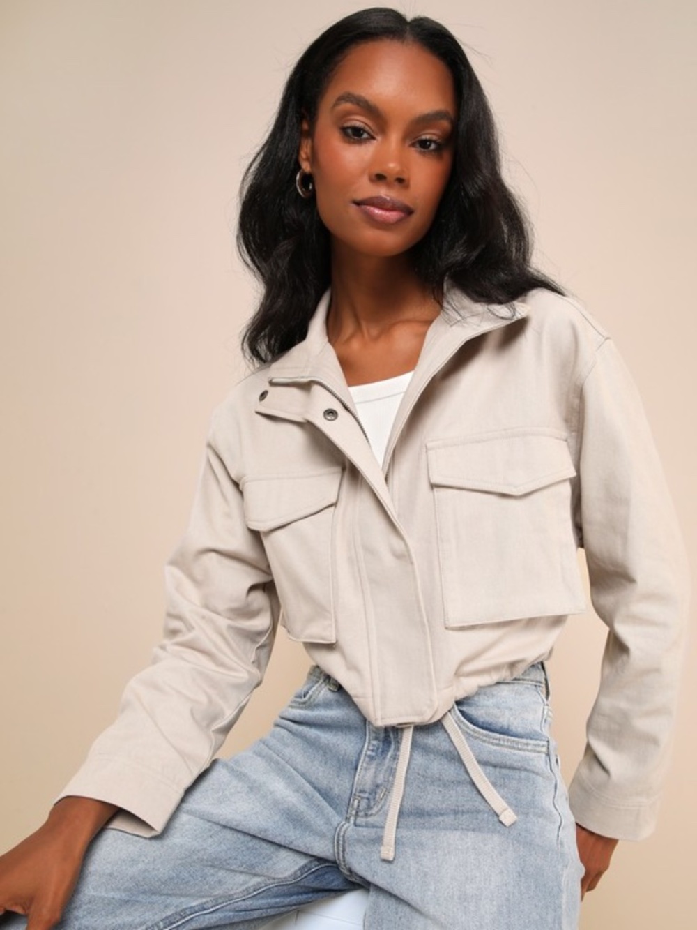 Lulus Truly Impressive Taupe Twill Cropped Utility Jacket - Size M